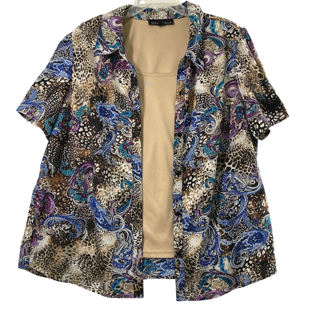 Sara Michelle Blouse Women 2X Leopard Paisley Print Button Up Layered Top Office